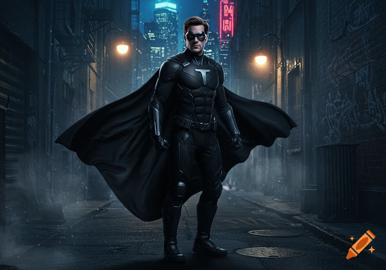 A man in a dark armored superhero suit with a cape and mask stands in a dimly lit city alley at night, featuring a stylized T on his chest.