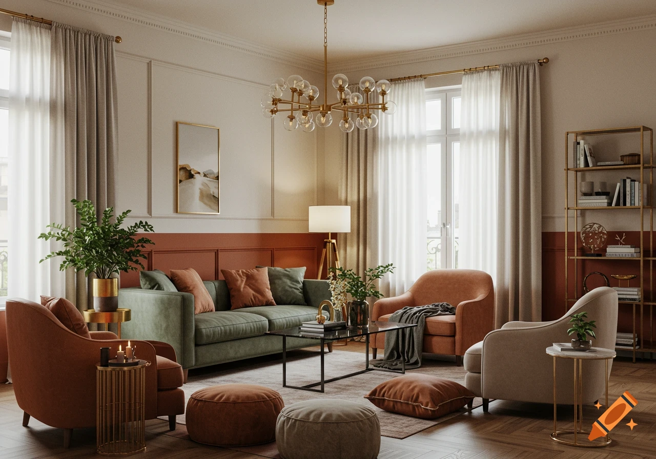 A stylish, photorealistic living room with terracotta and cream walls, a green sofa, orange armchairs, and a gold chandelier.