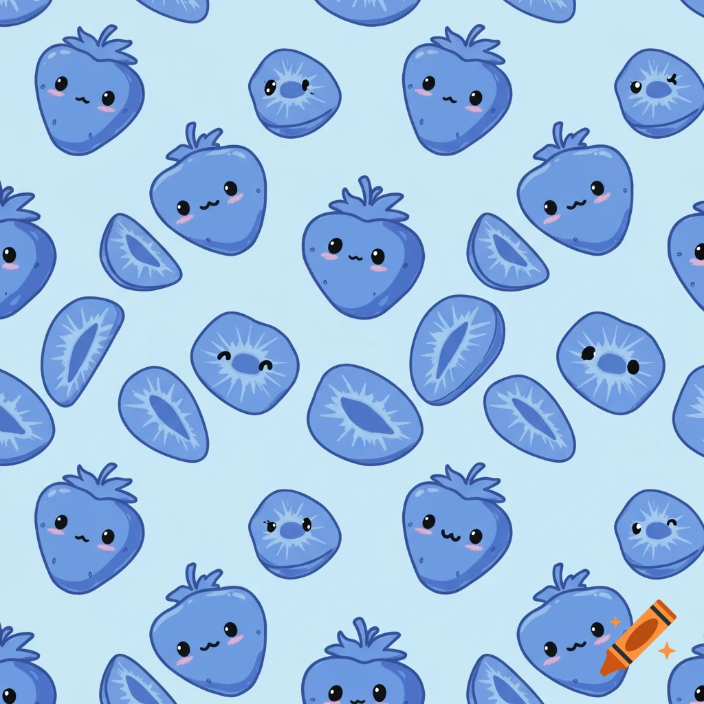 Seamless pattern of cute blue cartoon strawberries and strawberry slices on a light blue background.