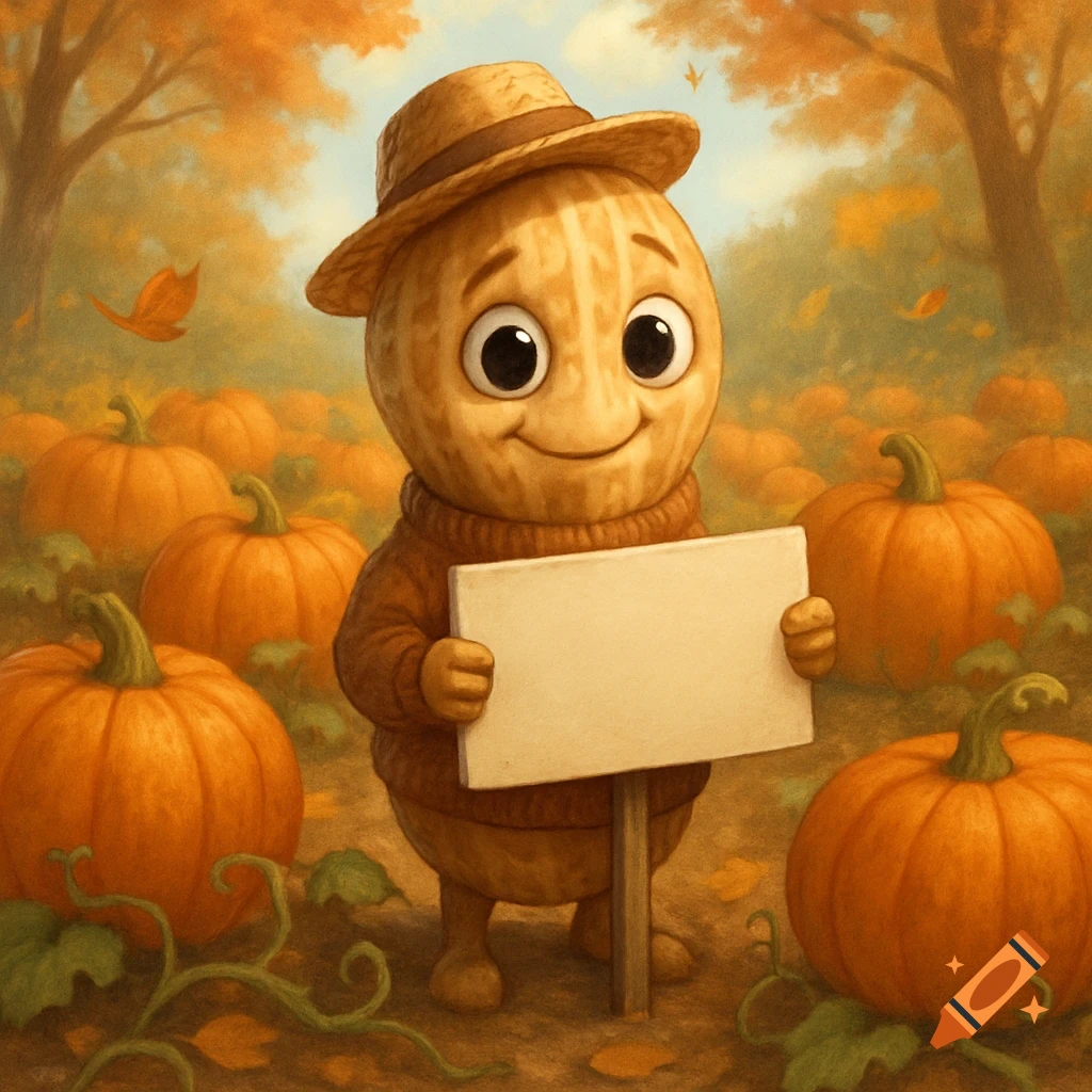 A cute cartoon peanut character wearing a hat and sweater, holding a blank sign in a pumpkin patch during autumn.