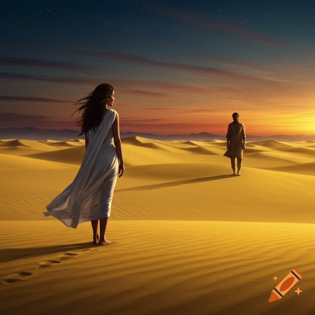 A woman in a white dress stands in a vast desert at sunset, looking back at a man walking away in the distance.