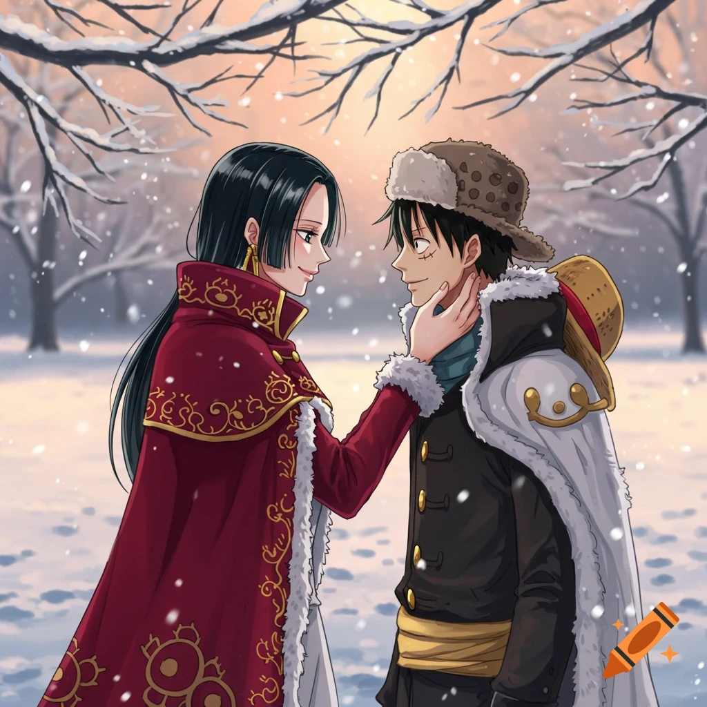 Anime characters Boa Hancock and Monkey D. Luffy share a tender moment in a snowy winter park.