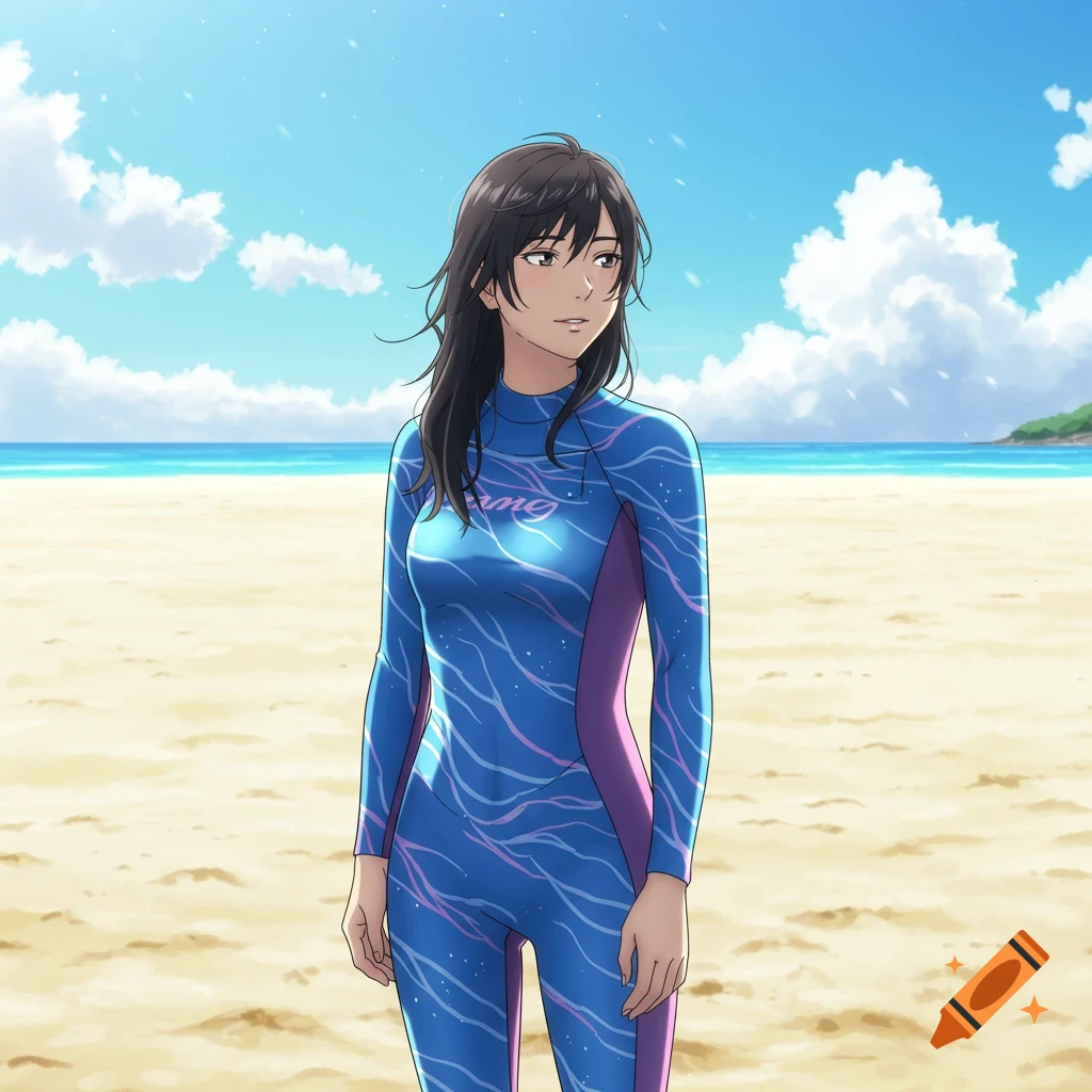 An anime girl with dark hair in a blue and purple wetsuit stands on a sunny beach.
