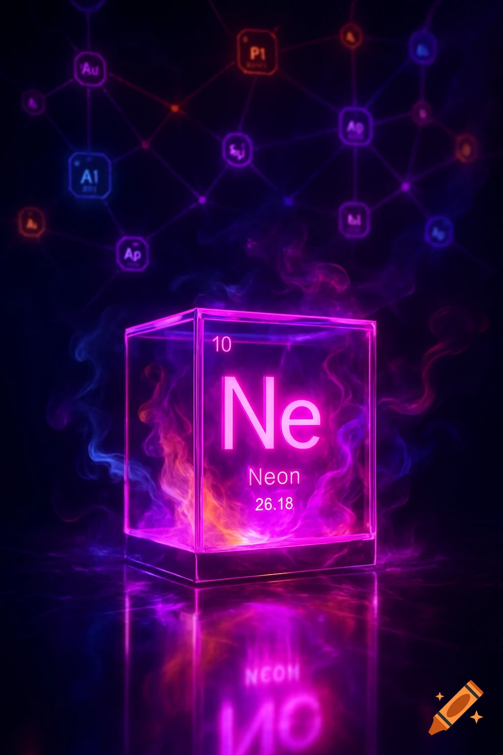 A glowing pink neon cube with the symbol "Ne" and atomic number "10", surrounded by smoke, reflecting on a dark surface. A network of other glowing element symbols is in the background.