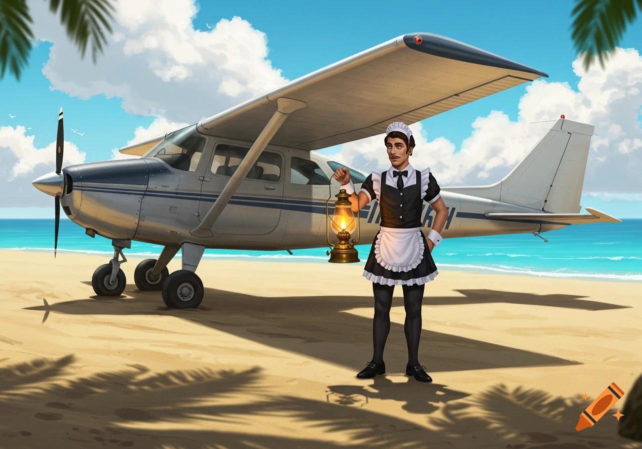 A man in a French maid outfit stands on a sandy beach next to a silver Cessna plane, holding an oil lamp.