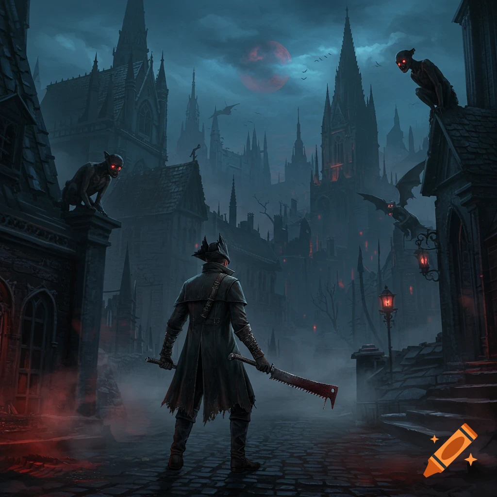 A lone hunter with a bloody saw stands in a dark, misty gothic city filled with grotesque monsters under a blood-red moon, dark fantasy art.