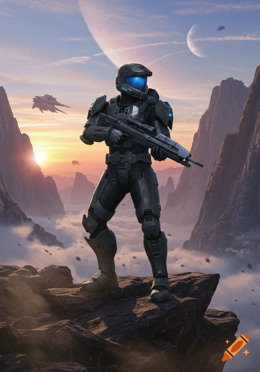 A heavily armored sci-fi soldier stands on a rocky mountain peak at sunrise, with planets and spaceships in the sky.