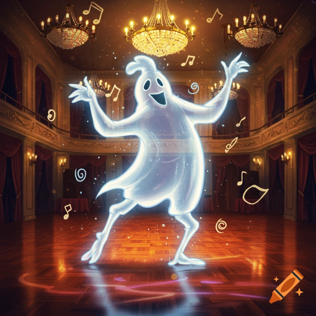 A cartoonish, glowing ghost happily dancing in a grand ballroom with chandeliers and floating musical notes.