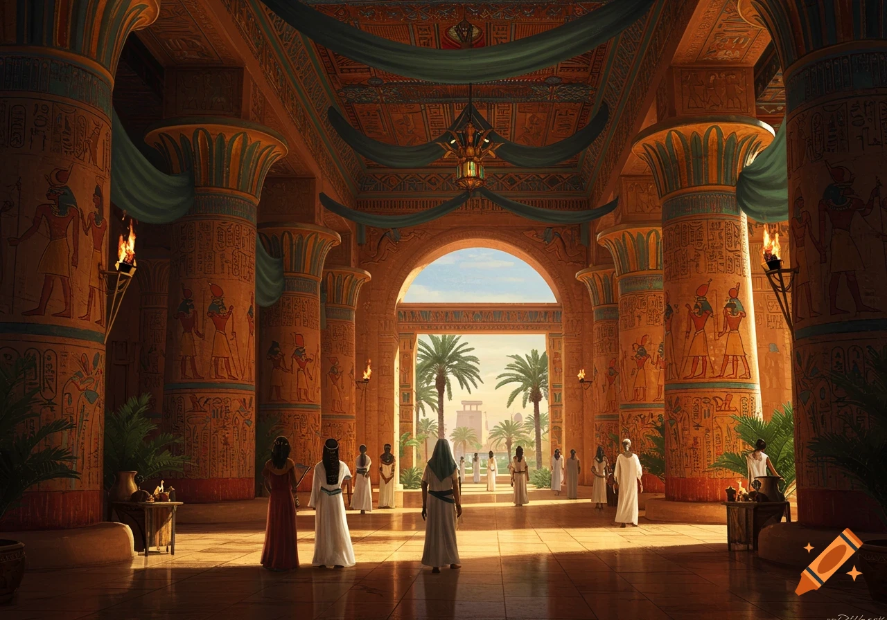 An ornate ancient Egyptian palace interior with detailed columns, hieroglyphics, people, and a bright view of palm trees through an archway.