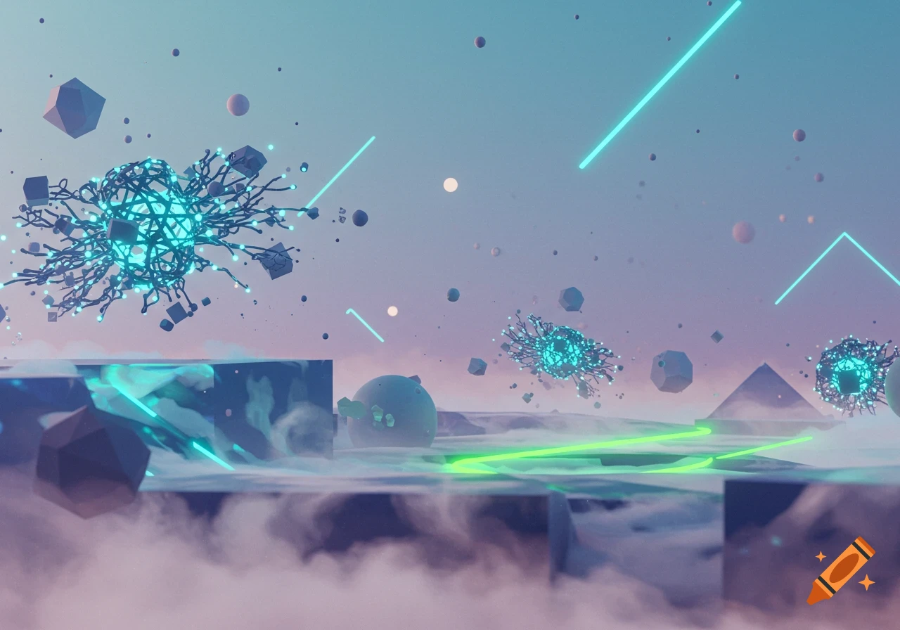 Abstract digital art with glowing cyan and green geometric shapes, particles, and neon lines floating above a cloudy, ethereal landscape.