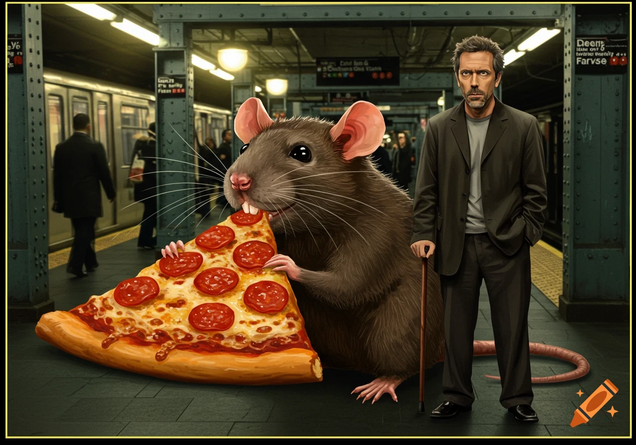 A large rat eating pepperoni pizza next to Dr. House with a cane in a detailed subway station.