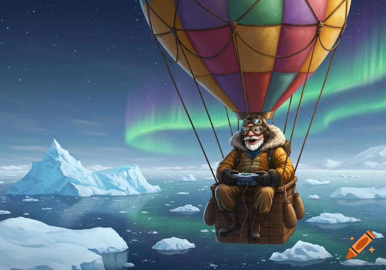 An old man with a white beard and goggles plays a video game on a colorful hot air balloon over an icy arctic landscape with aurora.