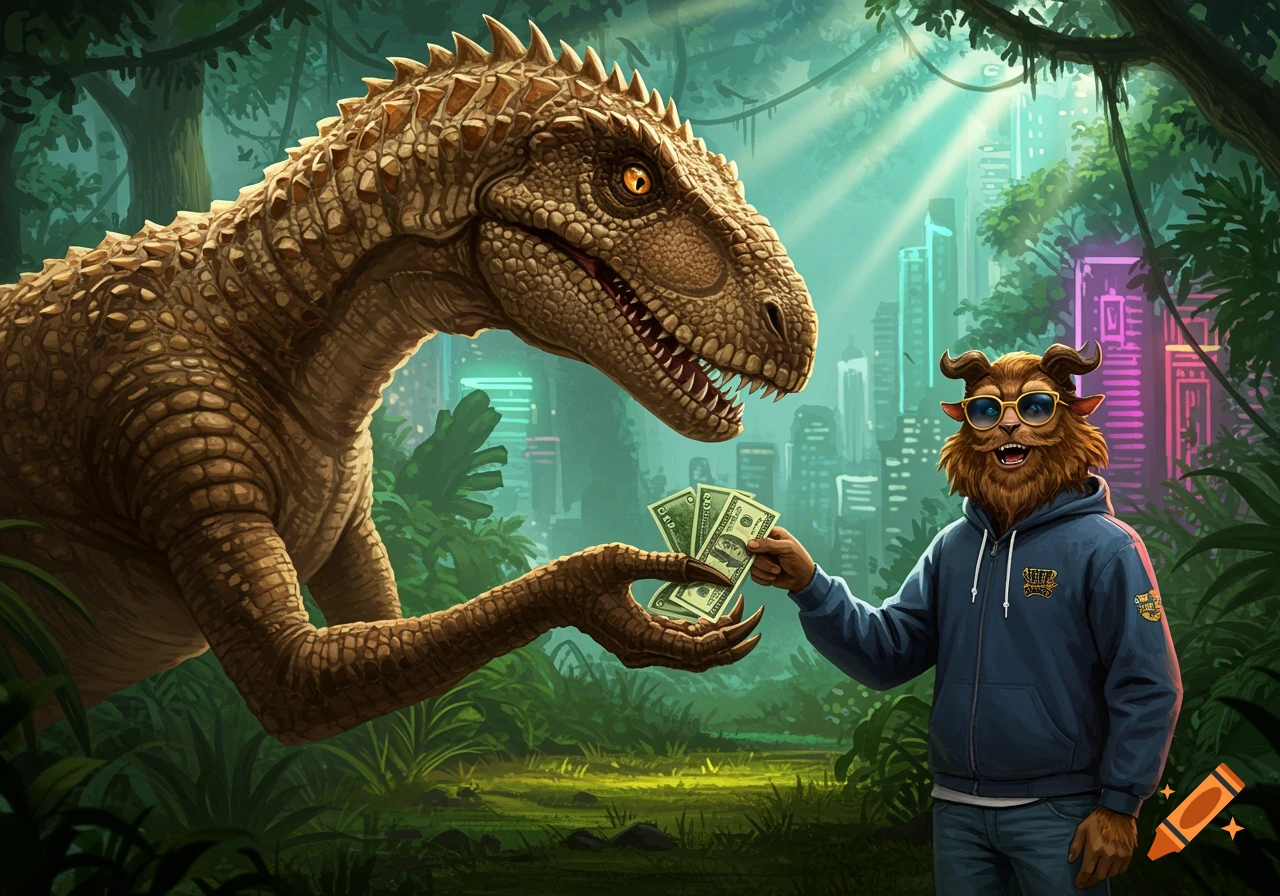 A reptilian dinosaur takes money from a smiling, horned furry man in sunglasses and a hoodie, set in a vibrant jungle with a futuristic city.