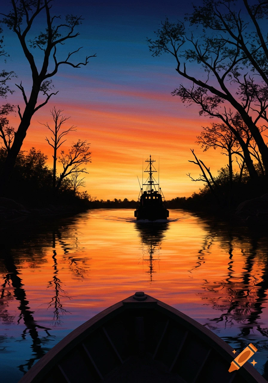 A boat as a dark silhouette moves down a river towards a vibrant orange and blue sunset, framed by silhouetted trees.