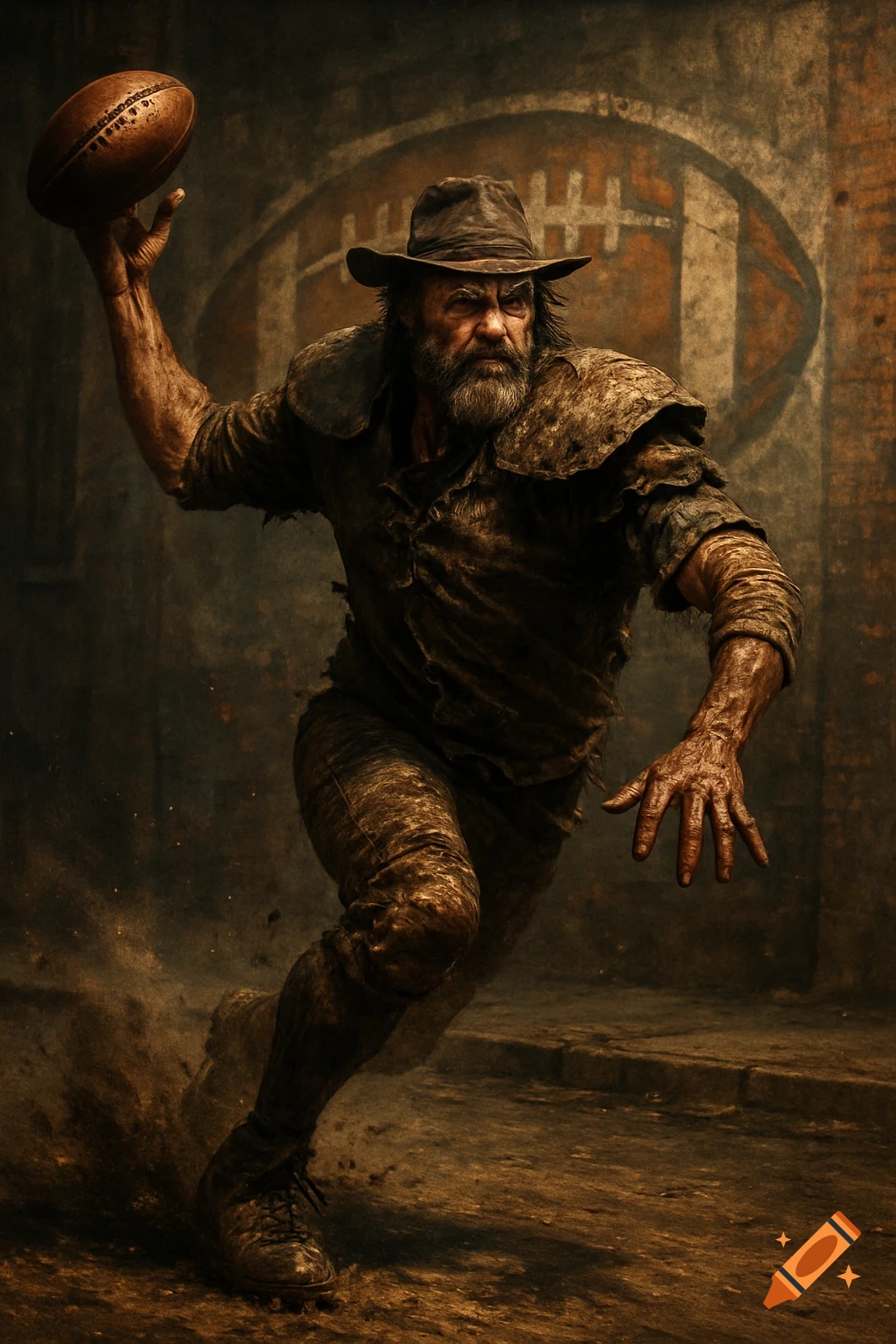 A rugged, bearded man in a hat and torn clothes runs and throws an American football, with a large football outline in the gritty background. Digital art.