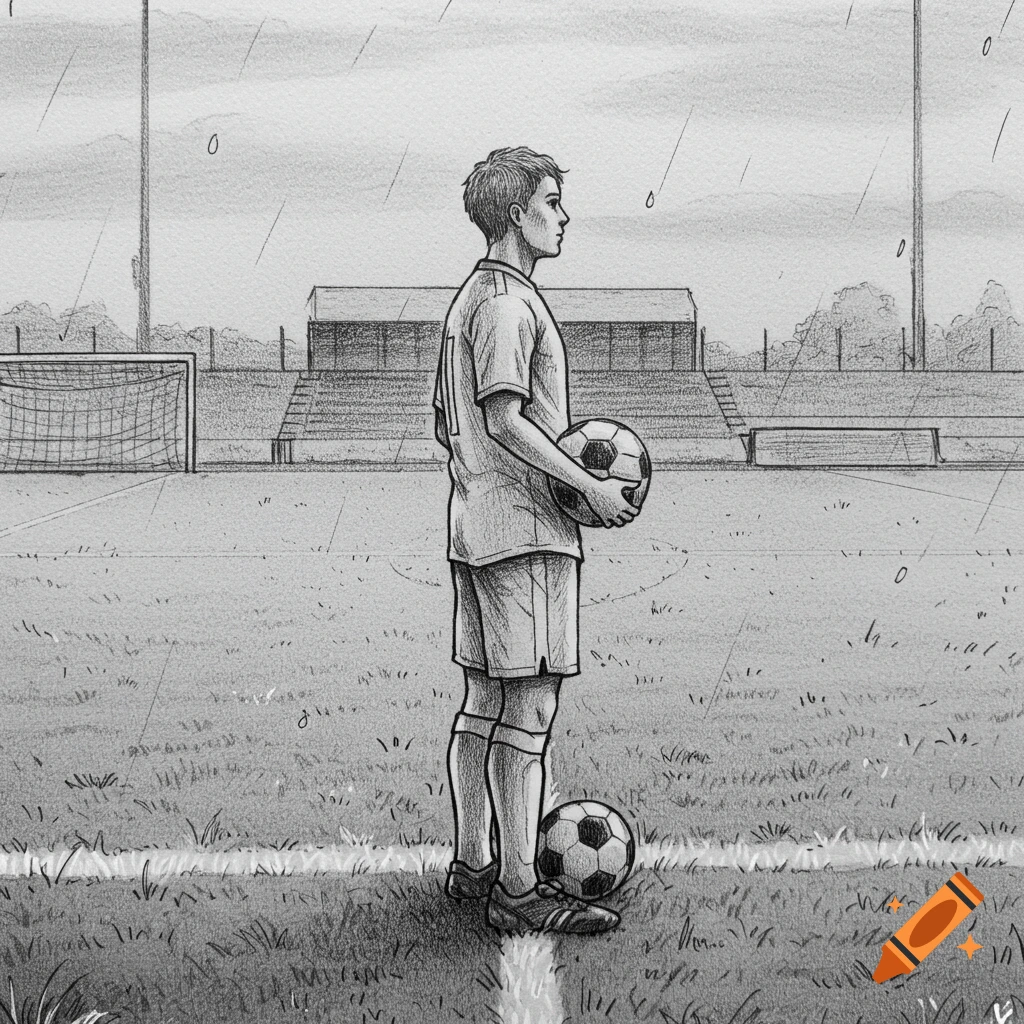 Grayscale sketch of a young male soccer player standing on a rainy field, holding one ball and another at his feet, looking right.