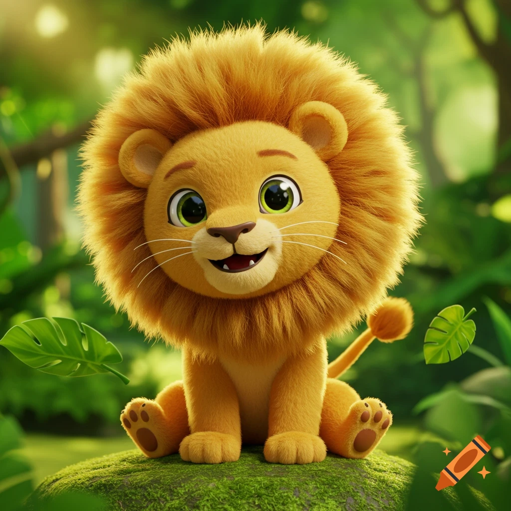 A cute, fluffy cartoon lion cub with big green eyes sits on a mossy rock in a lush green jungle.