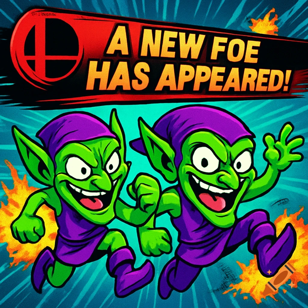 Two cartoon green goblins in purple, leaping amidst fire, with a Super Smash Bros. banner that reads 'A NEW FOE HAS APPEARED!'