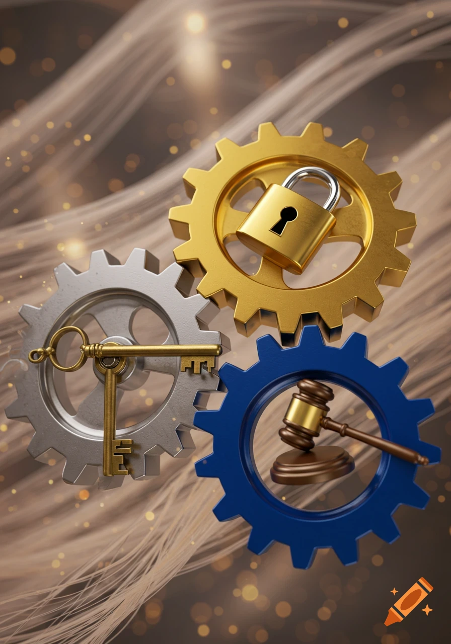 Three photorealistic interlocking gears: gold with a padlock, silver with an ornate key, and blue with a judge's gavel.