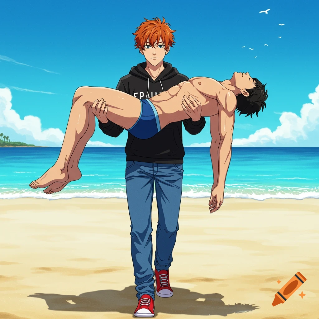 A ginger-haired anime man in a black hoodie and jeans carries a shirtless, muscular man in blue briefs across a sunny beach.