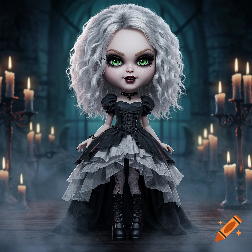 A stylized gothic doll with white curly hair, big green eyes, and a black and white layered dress stands among lit candles in a dark room.