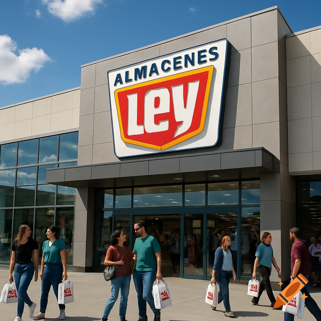 A modern department store with the 'ALMACENES Ley' logo on its facade, featuring large glass windows and shoppers carrying bags outside on a sunny day.