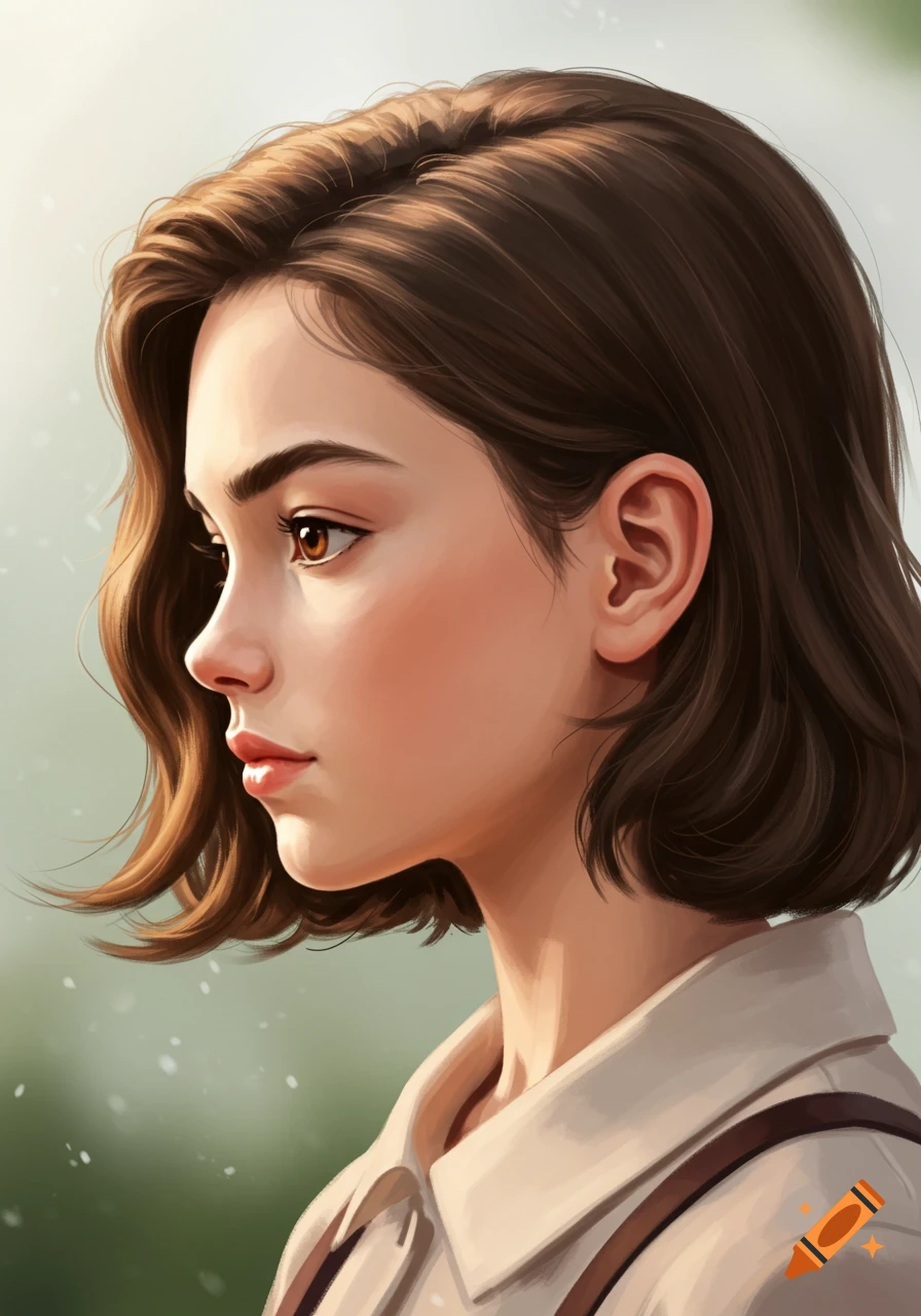 Side profile illustration of a young woman with short brown hair, brown eyes, and a light collared shirt against a soft green background.