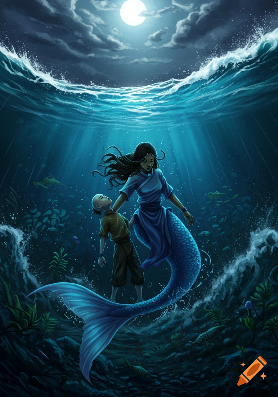 Mermaid Katara pulling a barely conscious Aang through dark, turbulent water towards a bright full moon above the surface, digital art.