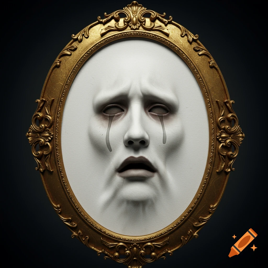 A mournful face with dark, hollow eyes and tears pushes from a white, stretched canvas in an ornate gold oval frame.