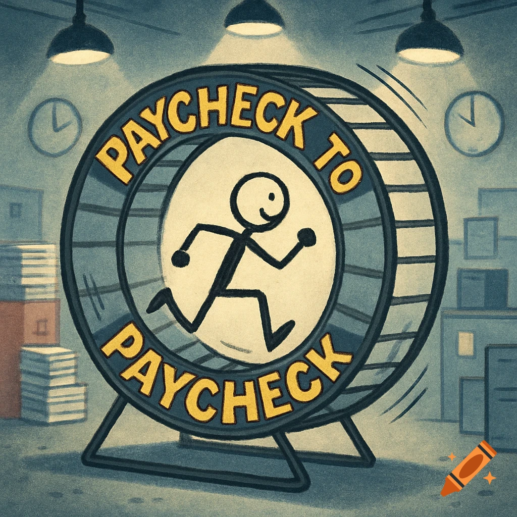 A stick figure runs tirelessly on a hamster wheel labeled 'PAYCHECK TO PAYCHECK' in a stylized office setting, symbolizing financial struggle.