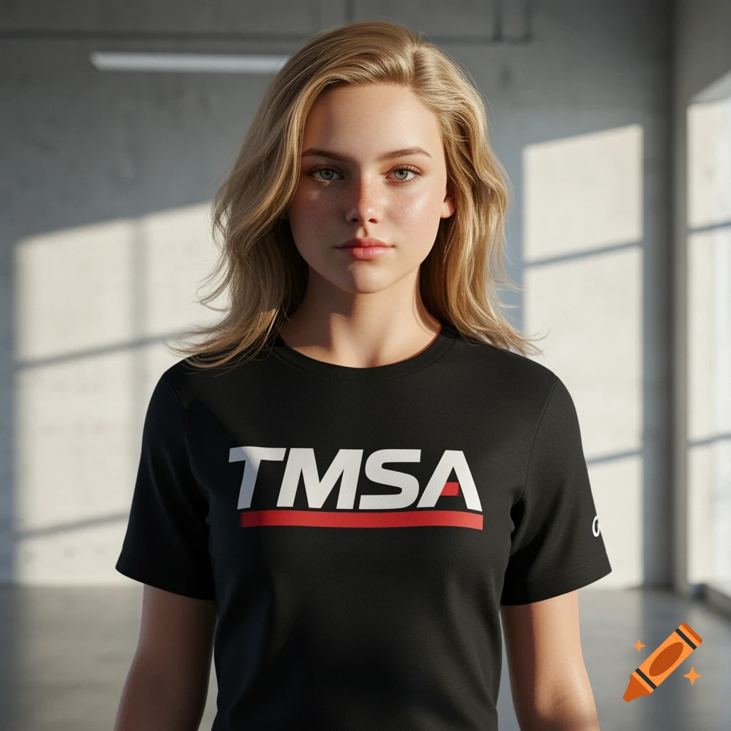 Photorealistic portrait of a blonde teen in a black t-shirt with a white and red 'TMSA' logo, indoors.