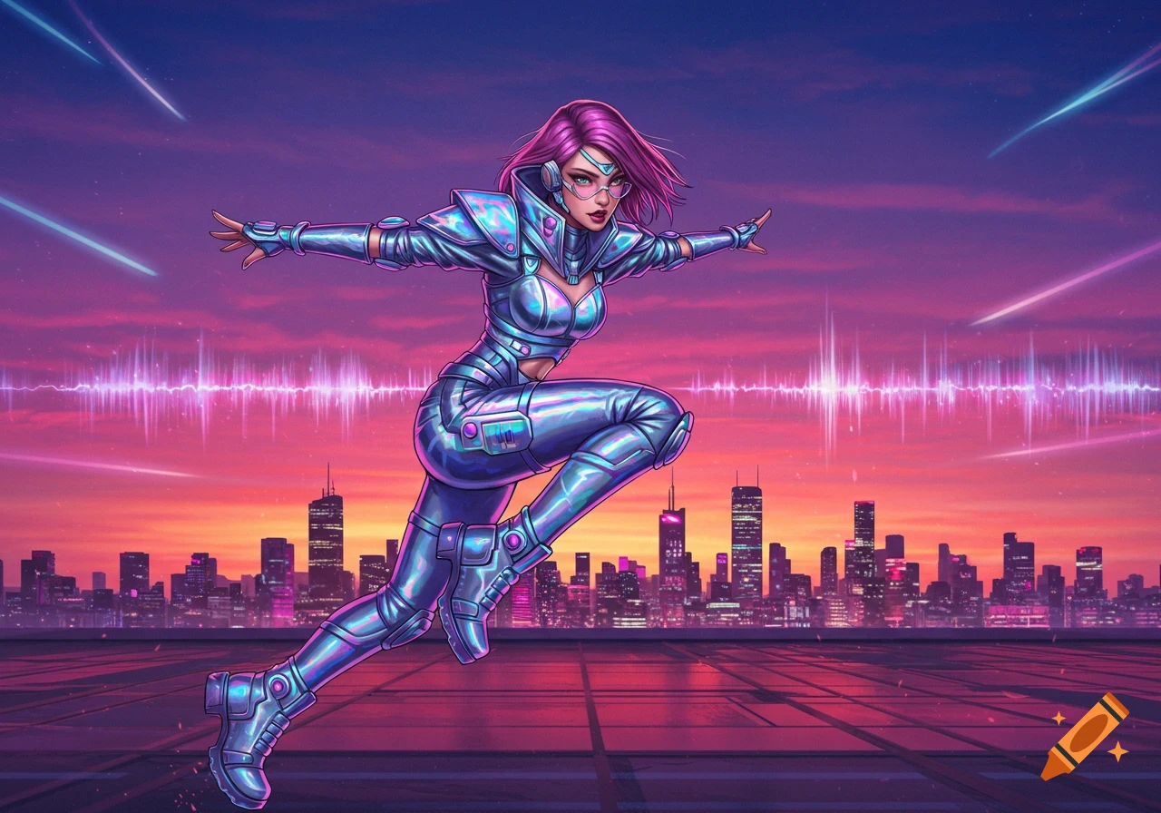 A cyberpunk woman with pink hair in a holographic suit jumps over a city skyline at sunset, synthwave style.