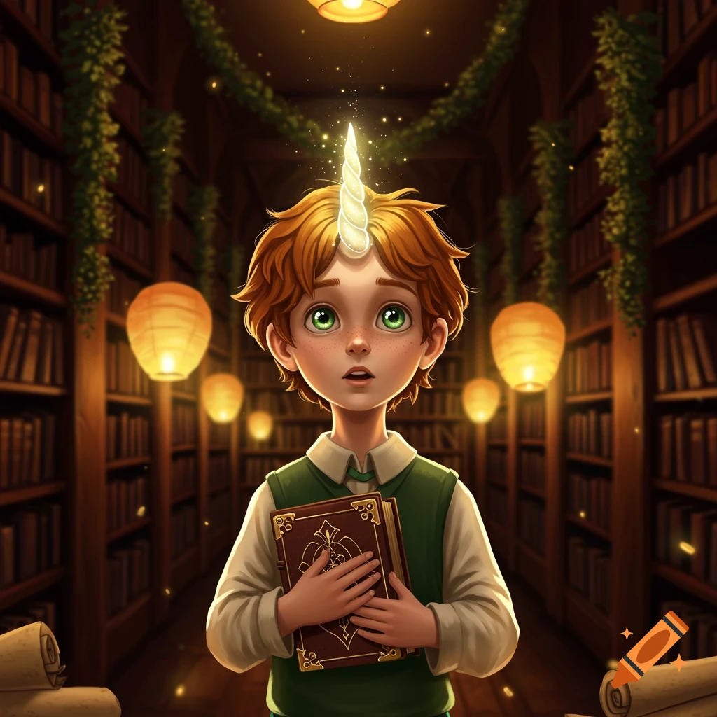 An illustrated ginger boy with green eyes and a glowing unicorn horn holds a book in an enchanted library.