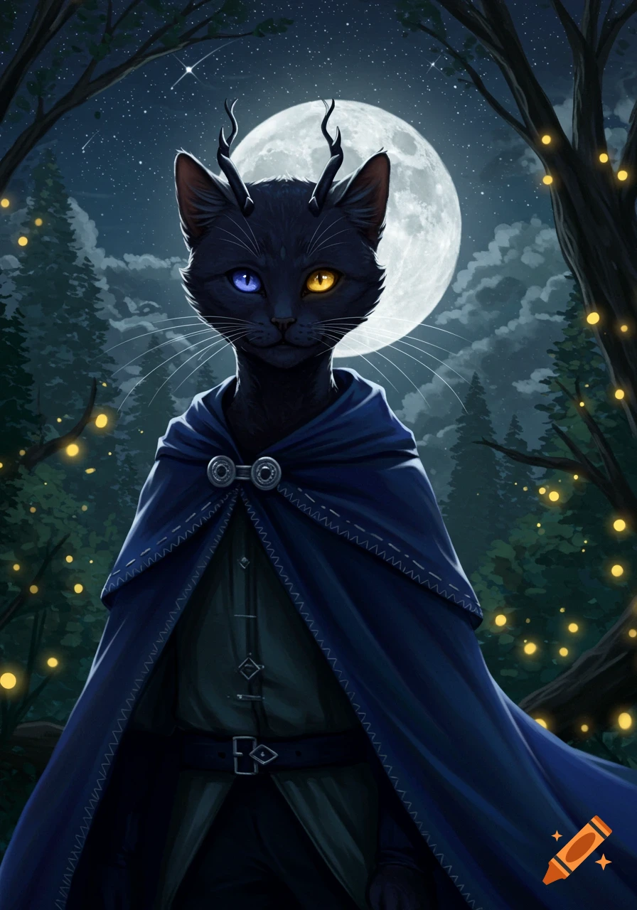A dark cat creature with blue and yellow eyes and small horns, wearing a blue cape, stands in a mystical forest under a full moon.