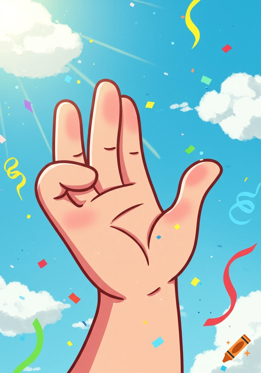 A cartoon hand performs a Vulcan salute gesture against a bright blue sky with clouds, sun rays, and colorful confetti.
