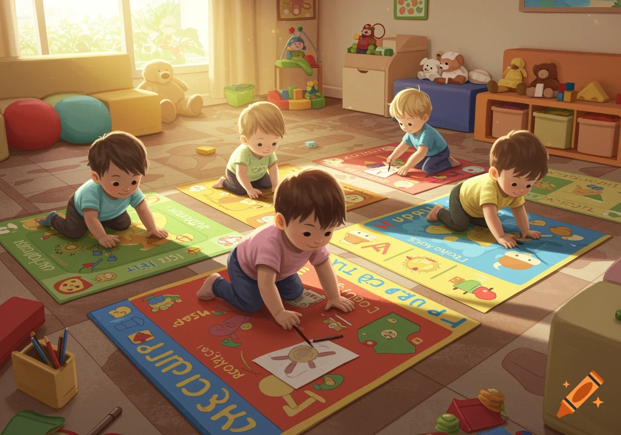 Five toddlers crawl on colorful mats with patterns and garbled text, drawing with pencils in a sunny playroom or classroom.