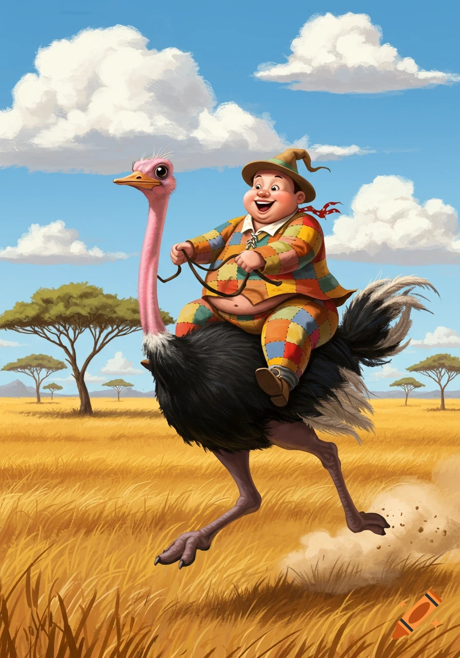 A happy cartoon man in a colorful patchwork outfit rides a pink-necked ostrich across a golden savanna.