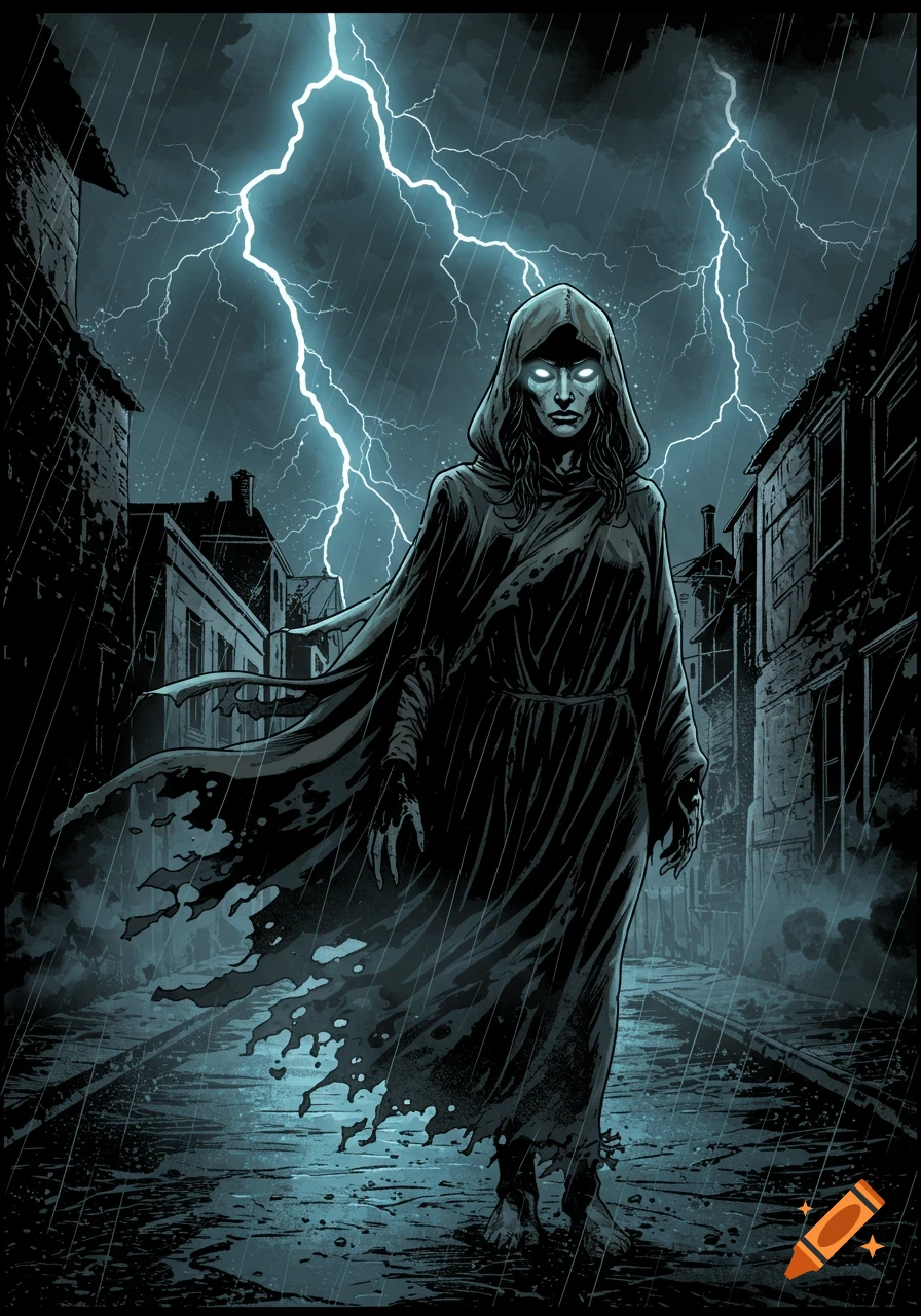 A menacing, hooded figure with glowing white eyes stands in a dark, rainy urban street with lightning striking, in a comic book style.