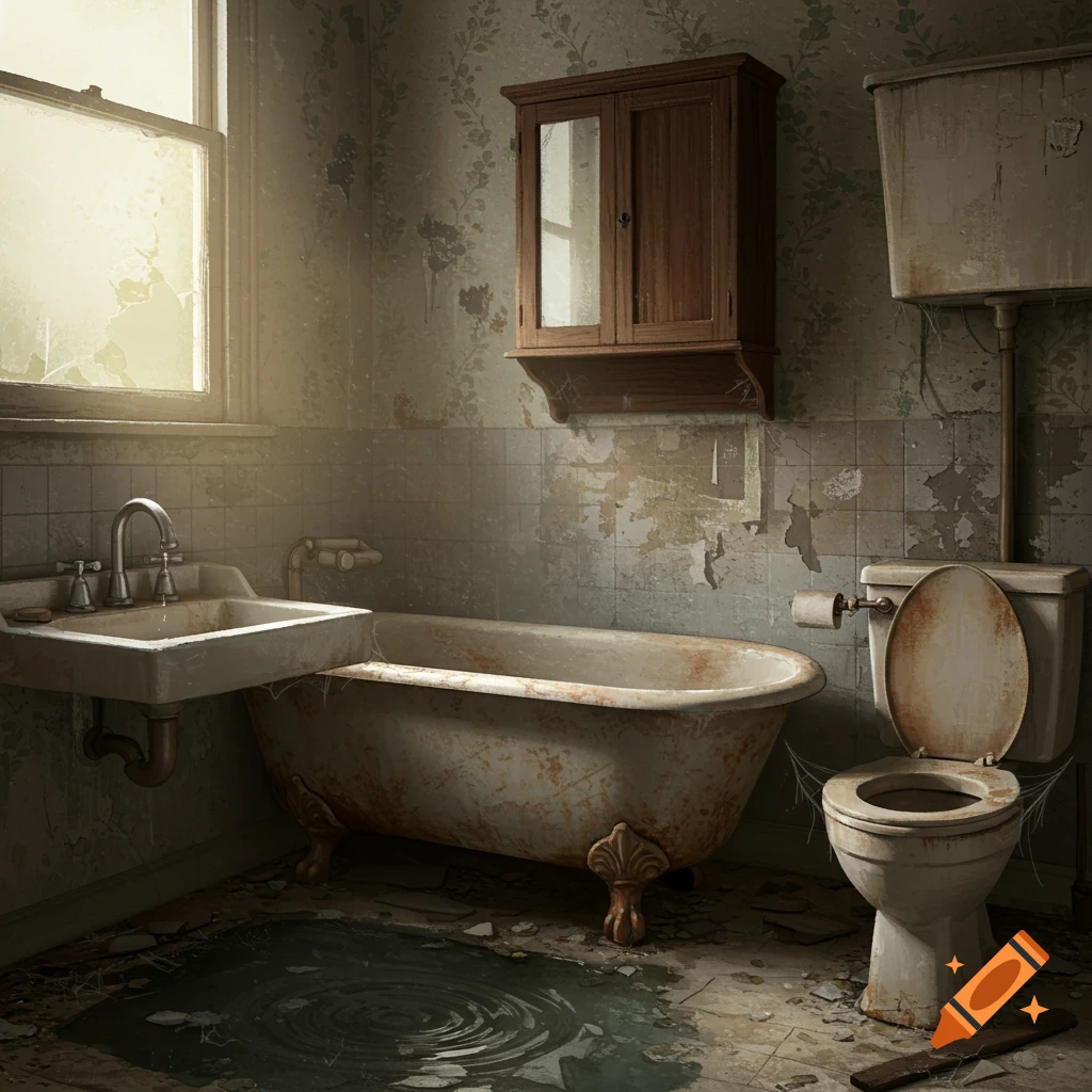 A rundown, grungy bathroom interior with a sink, clawfoot tub, and toilet, lit by a broken window.