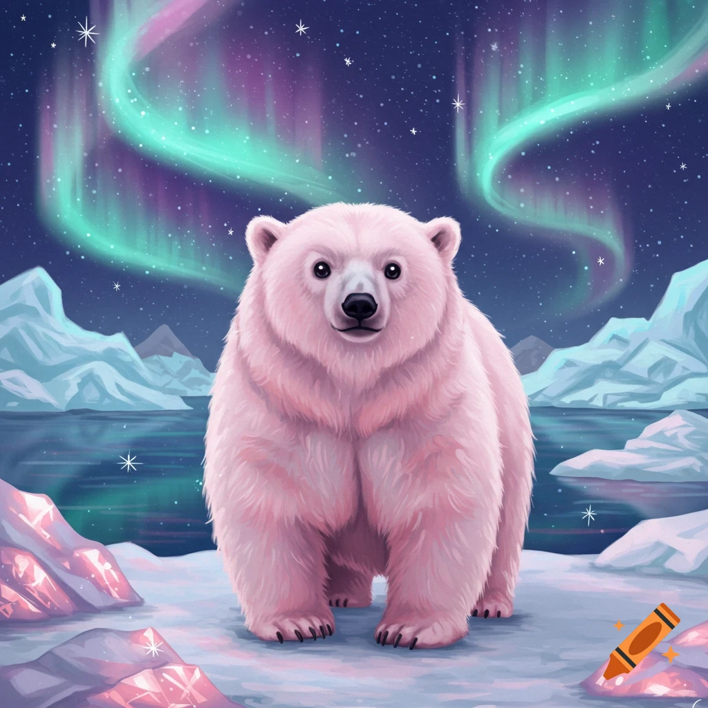 A cute pink polar bear stands on an icy landscape under a vibrant green and purple aurora borealis in a whimsical illustration.
