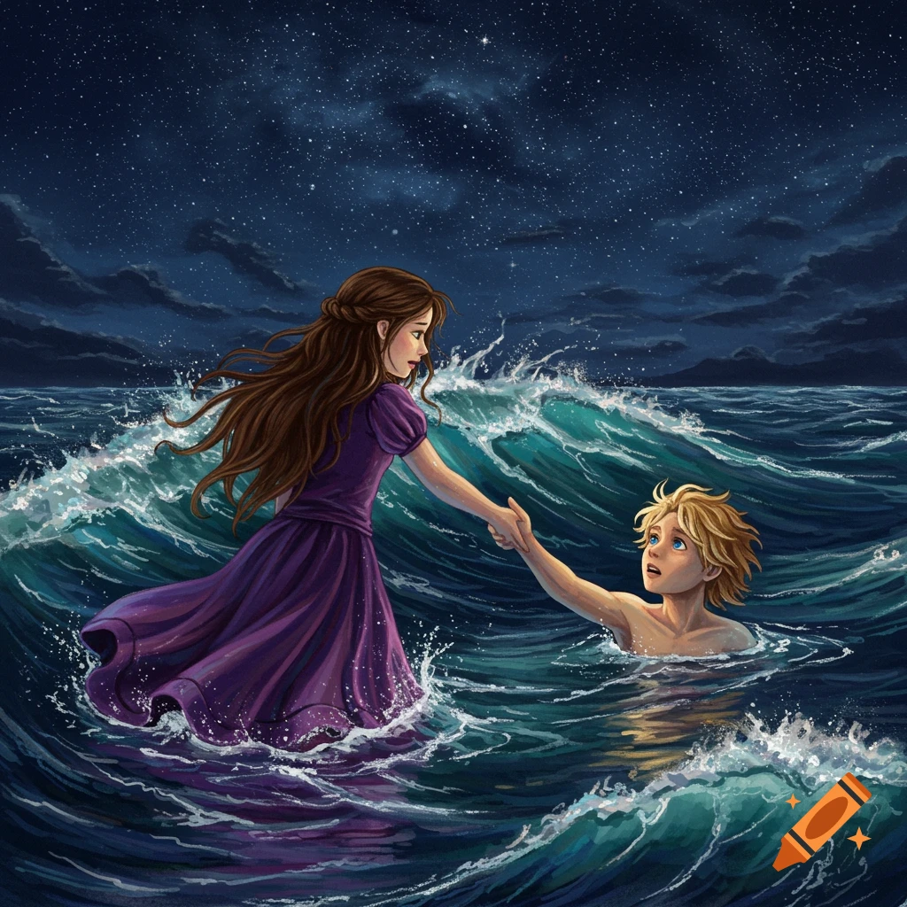 A semi-realistic painting of a girl in a purple dress helping a boy in a dark, starry ocean at night.