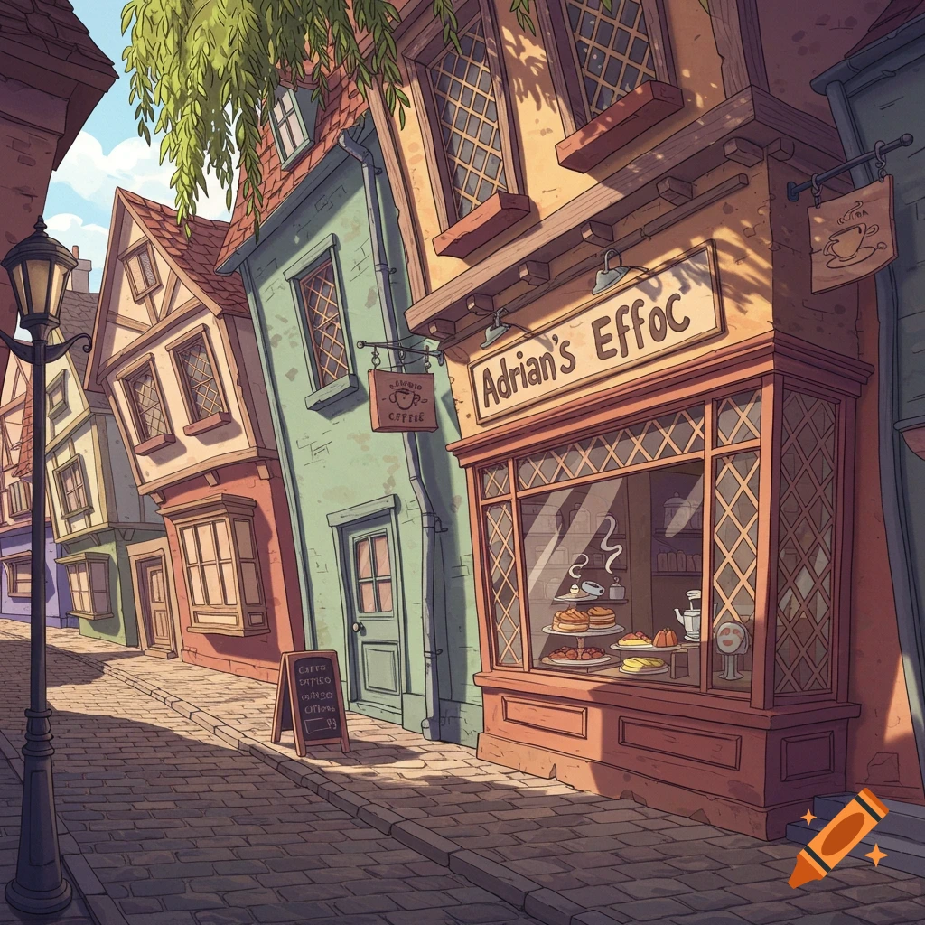 A charming, cartoonish illustration of a narrow cobblestone street lined with colorful, leaning buildings housing shops, one named "Adrian's Effoc".
