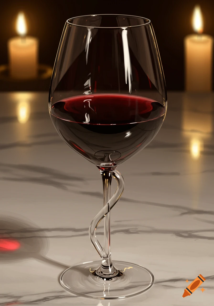 Photorealistic image of a wine glass with red wine and a twisted stem on a marble surface, with candles in the background.