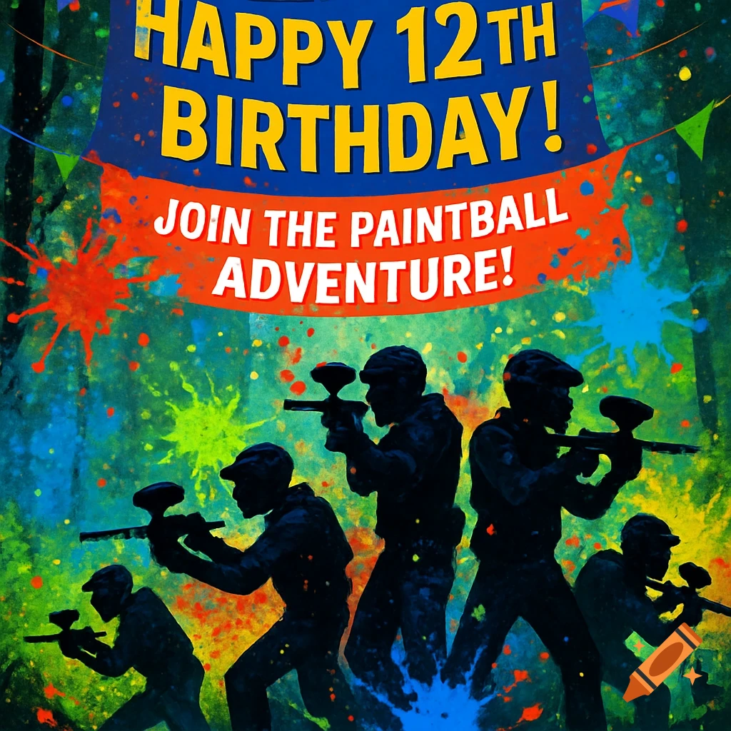 A vibrant paintball birthday invitation with silhouettes of players and colorful paint splatters.