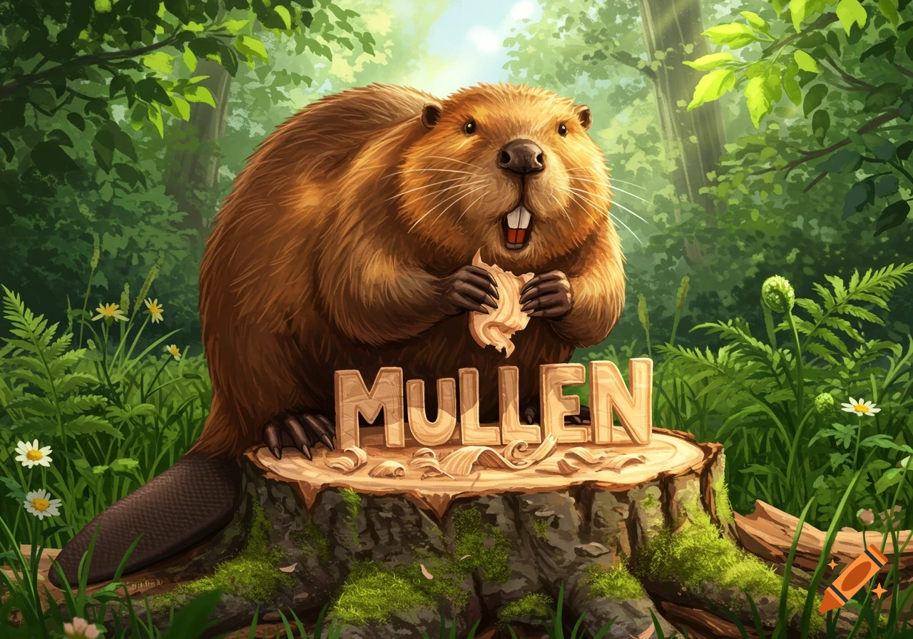 A cartoon beaver carves the word "MULLEN" into a tree stump in a lush forest clearing, holding a wood chip in its paws.