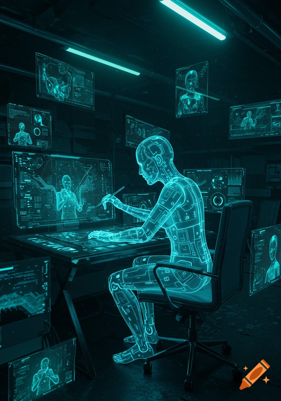 Glowing blue AI figure interacts with holographic screens displaying data in a dark, futuristic setting.