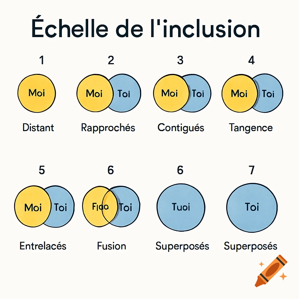 A diagram titled 'Echelle de l'inclusion' (Scale of Inclusion) showing seven numbered pairs of yellow 'Moi' and blue 'Toi' circles. The circles progressively move from distant to fully superimposed, illustrating different levels of proximity and overlap, with descriptive French text below each stage.