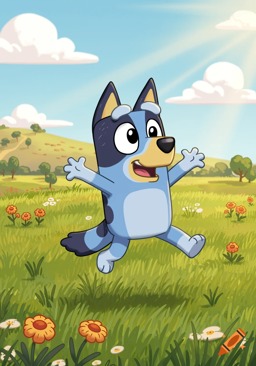 A blue cartoon dog resembling Bluey joyfully jumps in a sunny green field with orange and white flowers and distant hills.