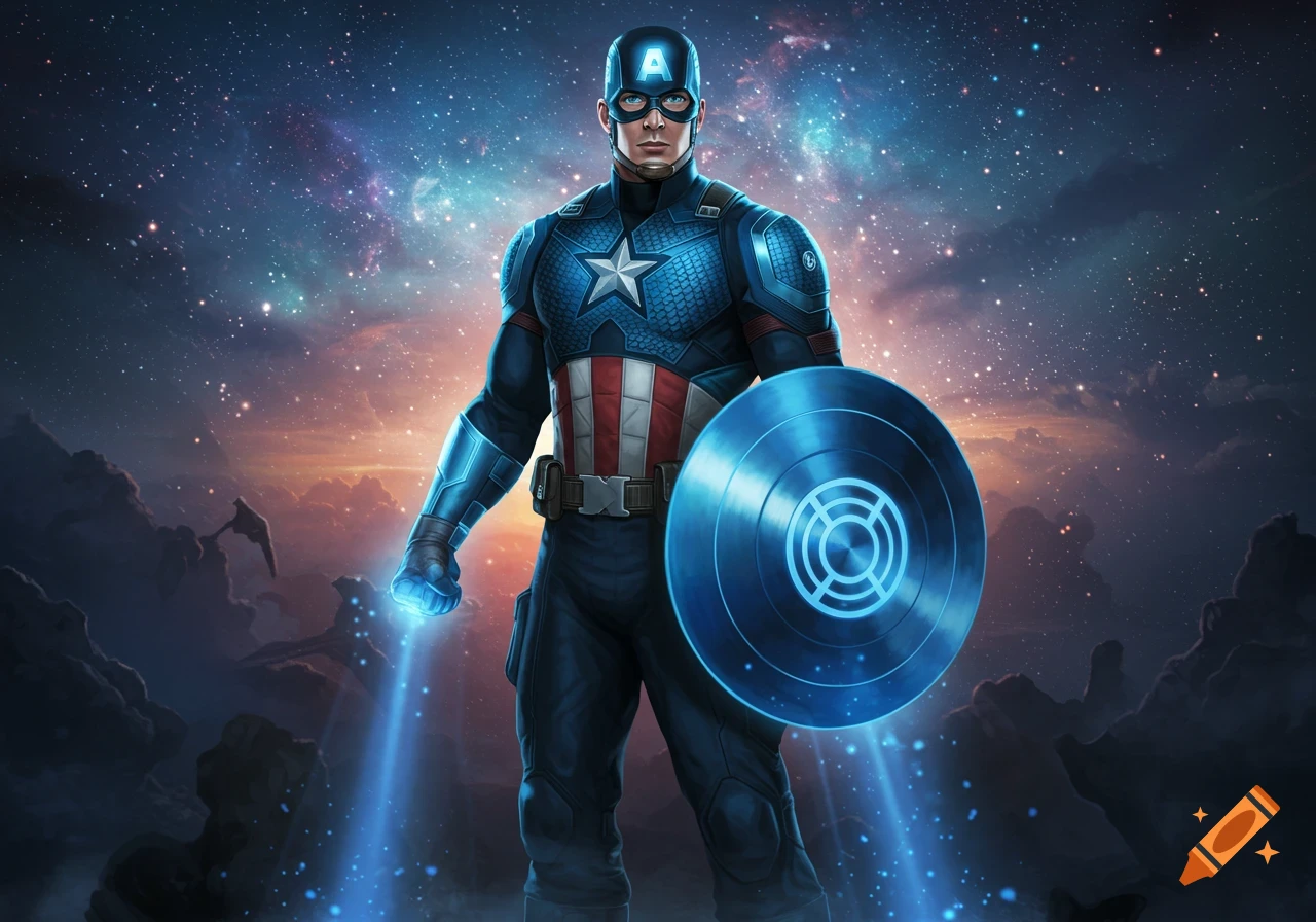 Captain America in a blue suit and glowing shield stands heroically against a vibrant cosmic starfield.