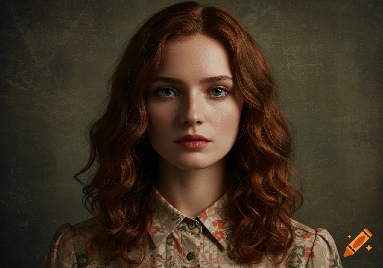 Photorealistic portrait of a young woman with red, wavy hair and blue eyes, wearing a floral collared shirt, looking directly forward.